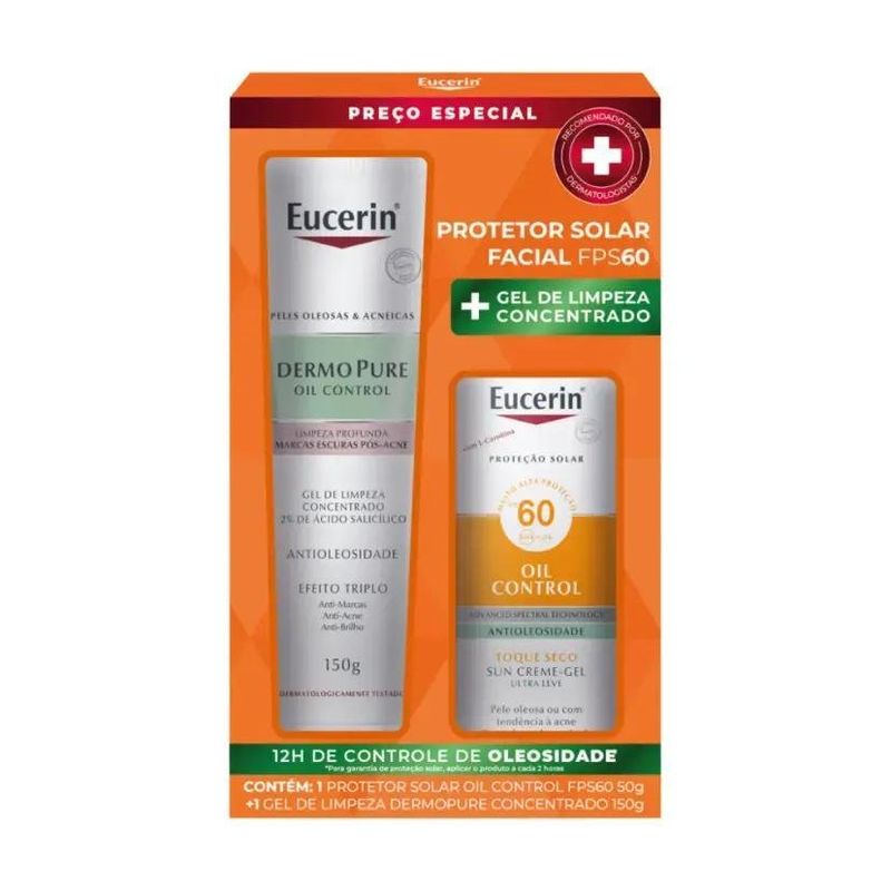kit facial eucerin gel de limpeza concentrado dermopure oil control 150g + protetor solar antioleosidade fps60 50g