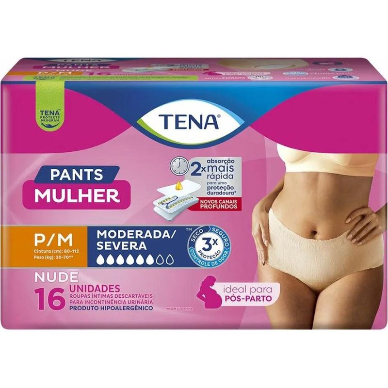 roupa íntima descartável nude tena pants mulher p/m 16 unidades