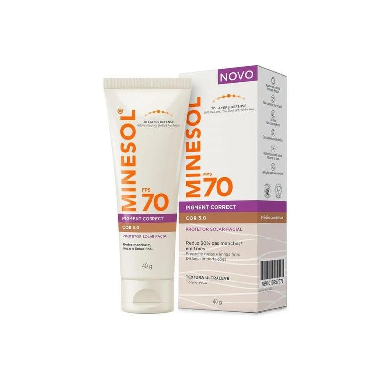 protetor solar facial minesol pigment correct fps70 cor 3.0 40g
