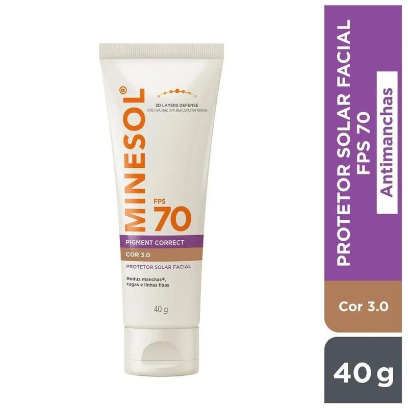 protetor solar facial minesol pigment correct fps70 cor 3.0 40g