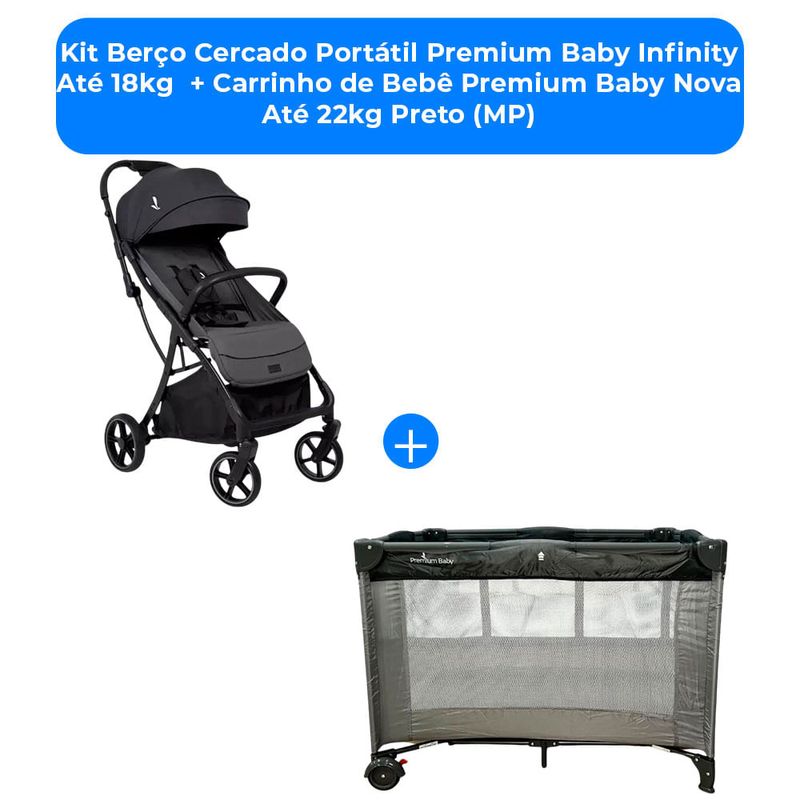 kit berço cercado portátil premium baby infinity até 18kg + carrinho de bebê premium baby nova até 22kg preto (mp)