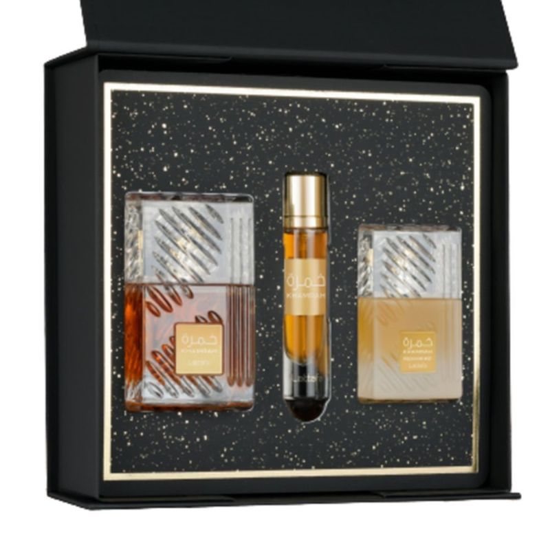 kit perfume árabe unissex lattafa khamrah 100ml mini 12ml bruma 50ml (mp)