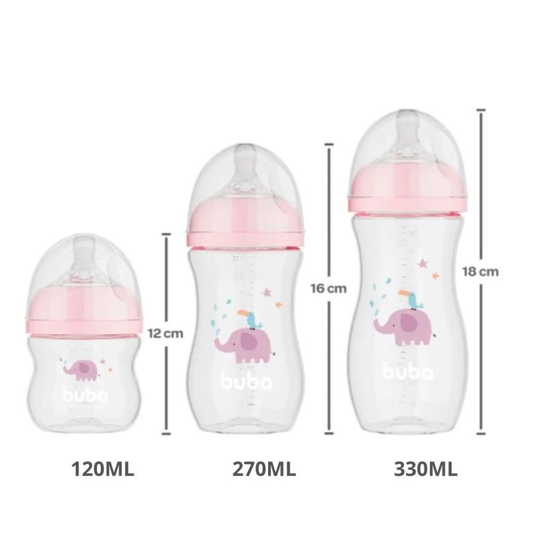 kit mamadeira buba easy flow 3 peças 120ml 270ml 330ml rosa 0986 (mp)