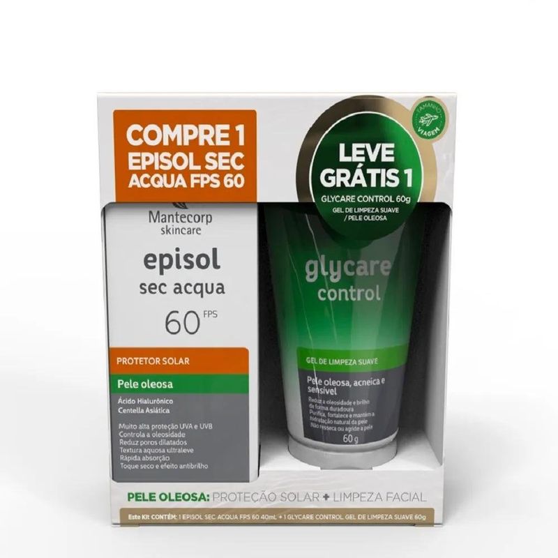 kit episol sec aqua protetor solar episol fps60 40ml + gel de limpeza suave glycare control 60g