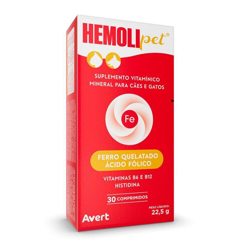 suplemento vitamínico hemolipet avert fe para cães e gatos 30 comprimidos (mp)