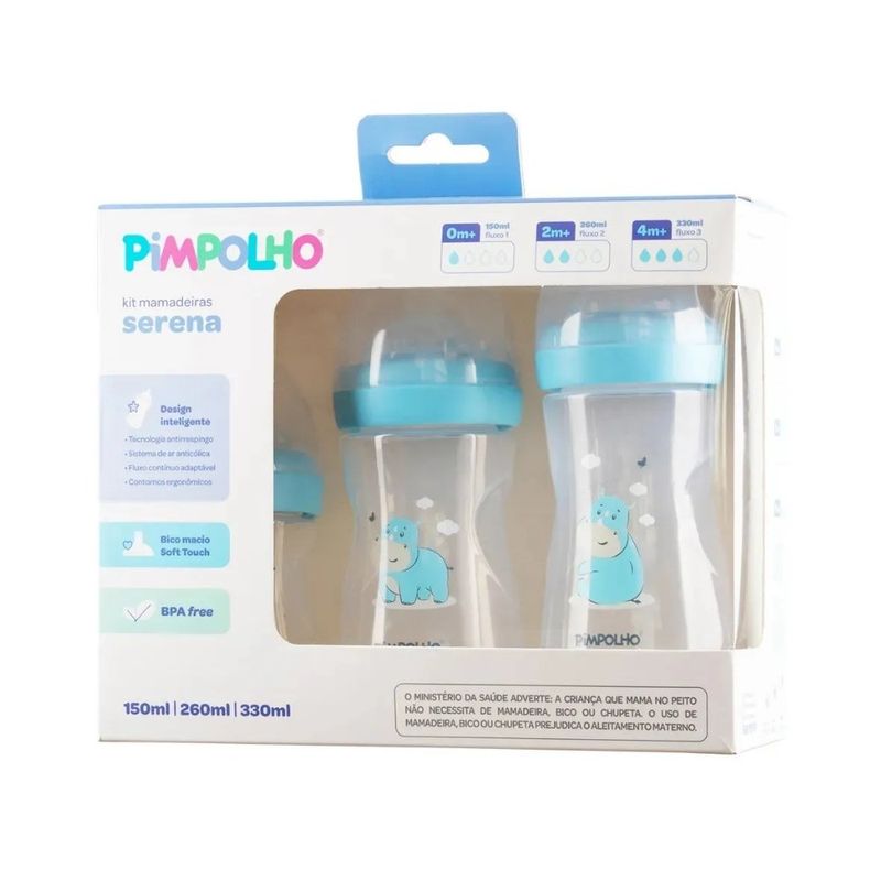 kit 3 mamadeiras pimpolho serena rinoceronte 150ml 260ml e 330ml 301497 (mp)