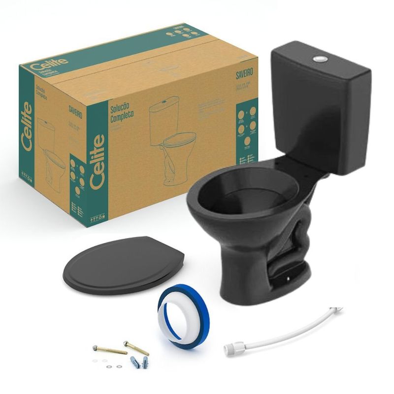 kit vaso sanitario com caixa acoplada e acessorios para instalacao 3/6l saveiro preto celite (mp)