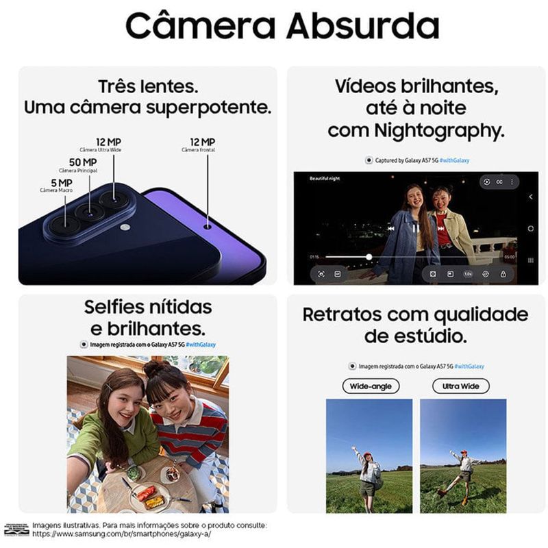 smartphone samsung a57 5g 128gb 8gb ram câmera 50mp ois selfie 12mp ip68 tela super amoled 6.7" nfc azul escuro