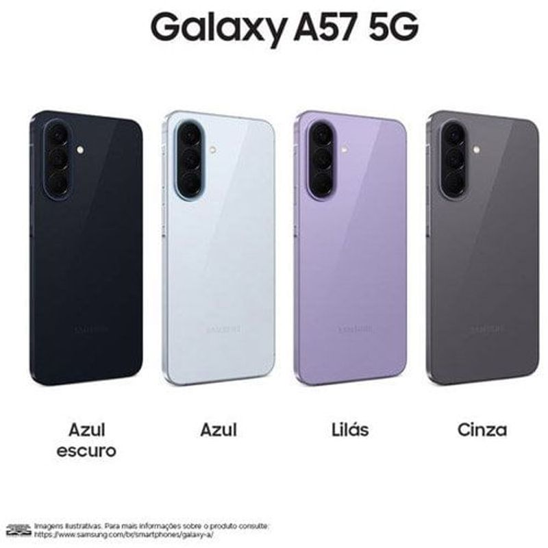 smartphone samsung a57 5g 256gb 8gb ram câmera 50mp ois selfie 12mp ip68 tela super amoled 6.7 nfc lilás
