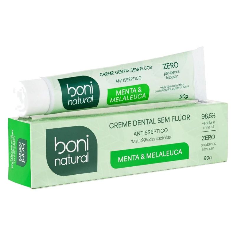 creme dental boni natural sem flúor menta e melaleuca 90g