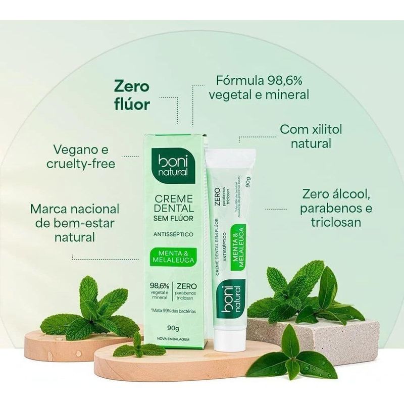 creme dental boni natural sem flúor menta e melaleuca 90g