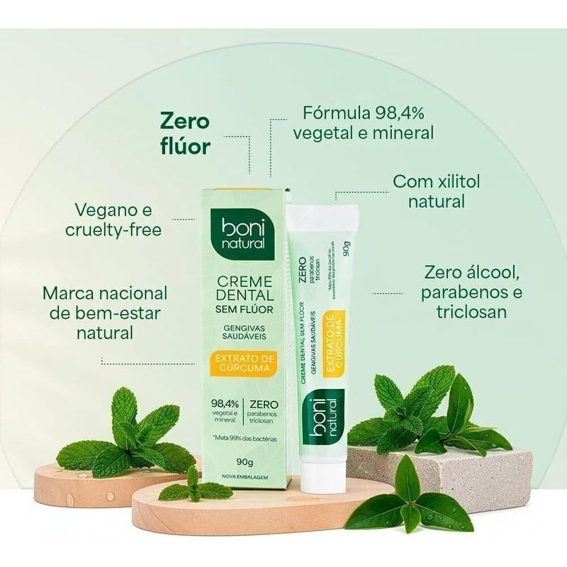 creme dental boni natural hortelã e curcuma 90g