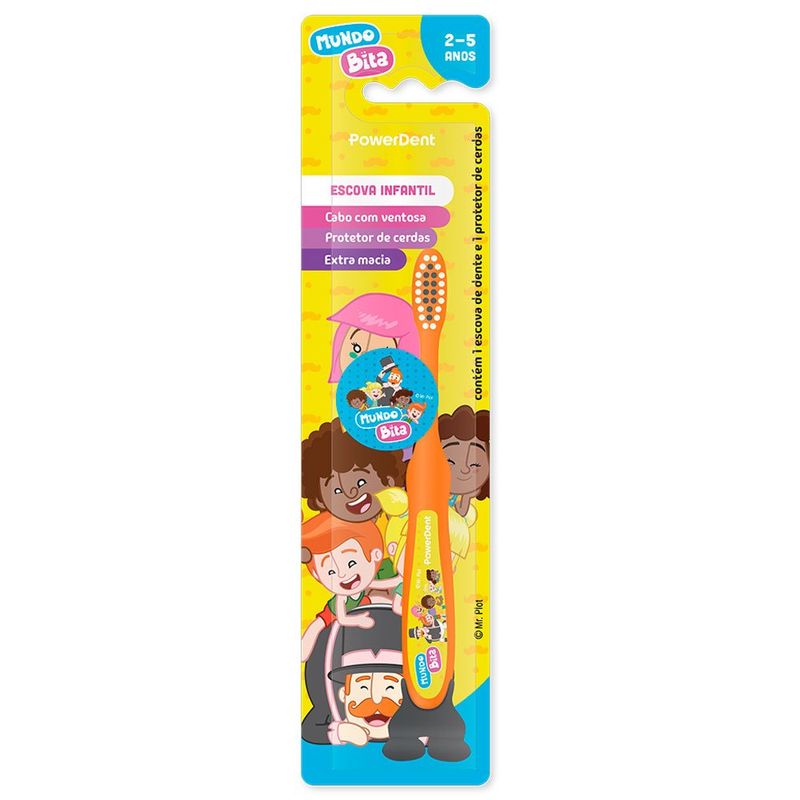 escova dental infantil powerdent mundo bita 2-5 anos macia 1 unidade cores sortidas