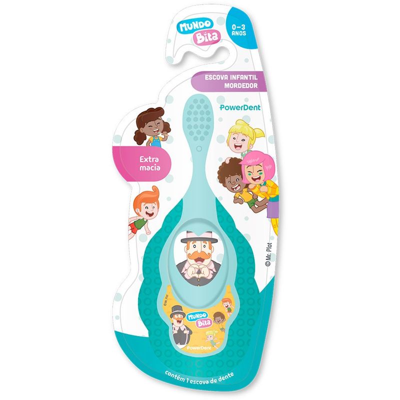 escova dental infantil com mordedor powerdent mundo bita 1 unidade cores sortidas