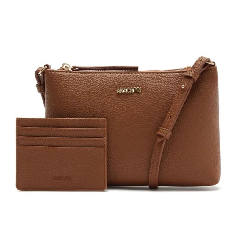 kit bolsa média tiracolo e porta cartão anacapri marrom (mp)