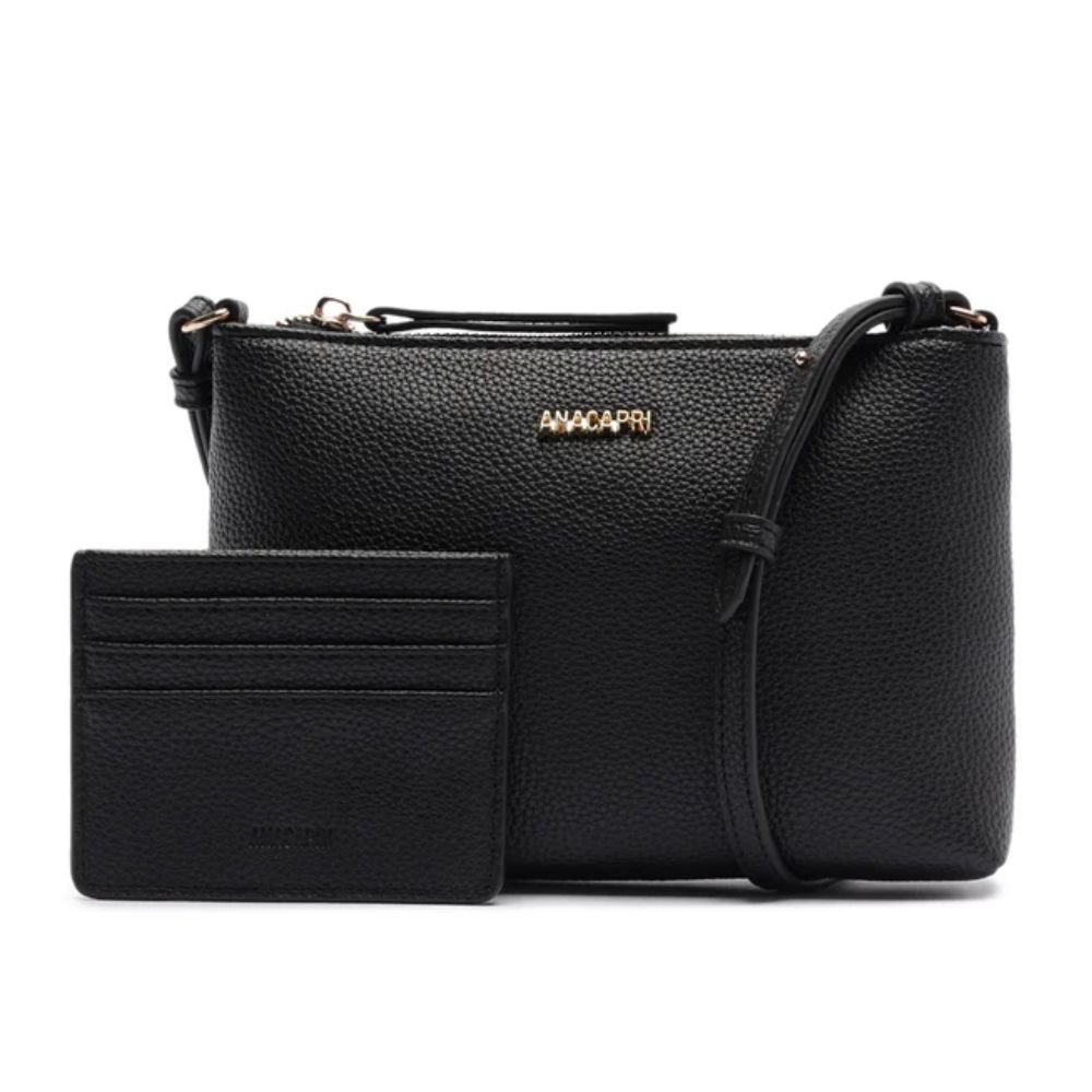 Kit Bolsa Média Tiracolo e Porta Cartão Anacapri Preto