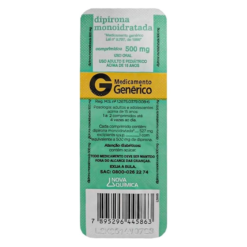 dipirona sódica 500mg 10 comprimidos nova química genérico