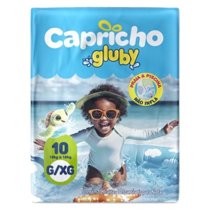 fralda infantil capricho gluby praia e piscina g/xg 12kg a 15kg 10 unidades