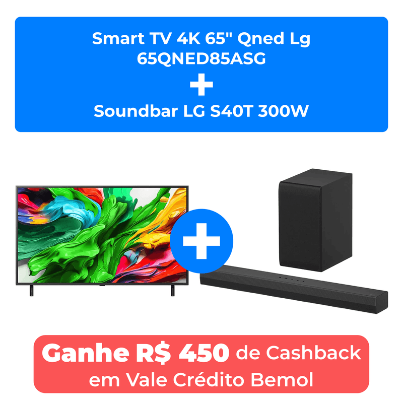 smart tv 4k 65" qned lg 65qned85asg + soundbar lg s40t 300w