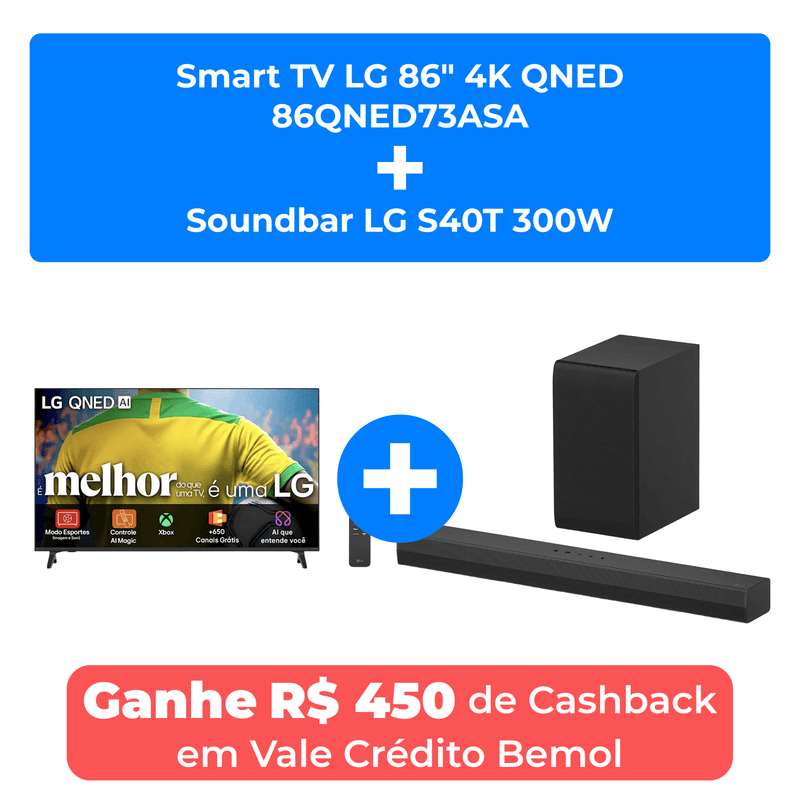 smart tv lg 86" 4k qned 86qned73asa + soundbar lg s40t 300w