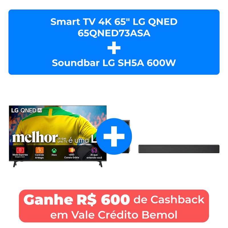 smart tv 4k 65" lg qned 65qned73asa + soundbar lg sh5a 600w