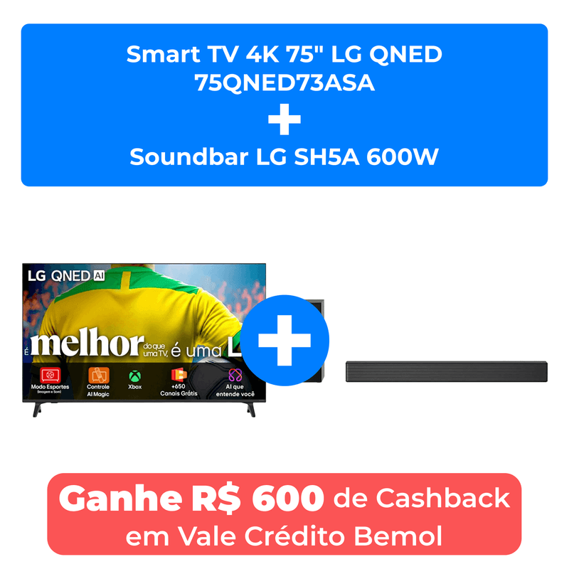 smart tv 4k 75" lg qned 75qned73asa + soundbar lg sh5a 600w