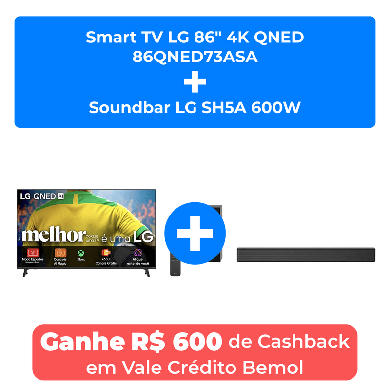 smart tv lg 86" 4k qned 86qned73asa + soundbar lg sh5a 600w