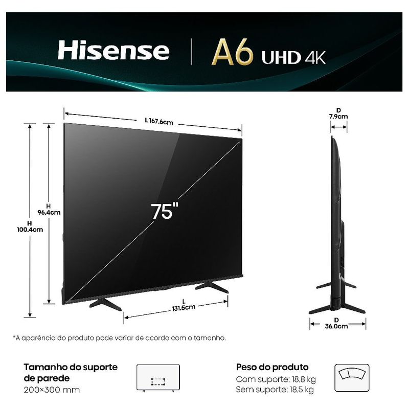smart tv 4k 75" uhd hisense 75a6nv