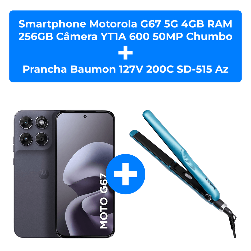 kit smartphone motorola g67 5g 4gb ram 256gb câmera yt1a 600 50mp chumbo + chapinha baumon 50w 127v 200°c azul sd-515
