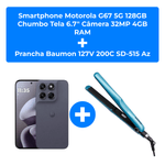 kit smartphone motorola g67 5g 128gb chumbo tela 6.7" câmera 32mp 4gb ram + chapinha baumon 50w 127v 200°c azul sd-515