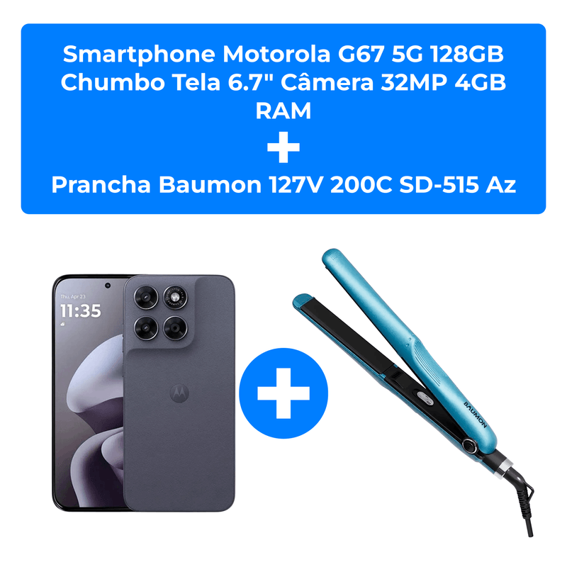 kit smartphone motorola g67 5g 128gb chumbo tela 6.7" câmera 32mp 4gb ram + chapinha baumon 50w 127v 200°c azul sd-515