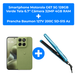 kit smartphone motorola g67 5g 128gb verde tela 6.7" câmera 32mp 4gb ram + chapinha baumon 50w 127v 200°c azul sd-515
