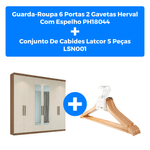 kit guarda-roupa 6 portas 2 gavetas herval com espelho + 2 conjuntos de cabides latcor 5 peças lsn001