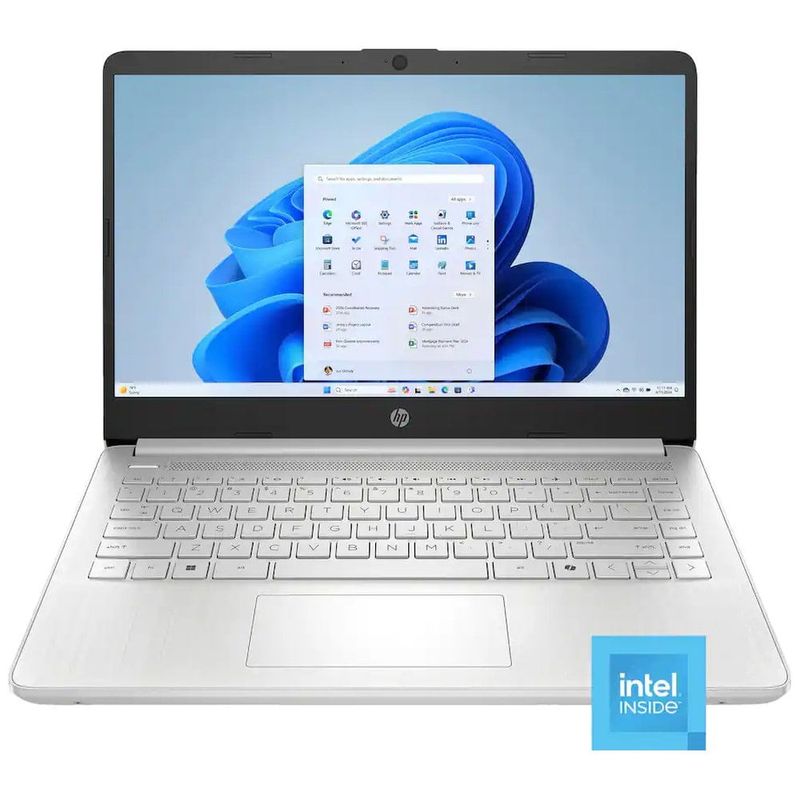 notebook hp 14-n150 tela 14" hd 4gb 128gb ufs intel graphics windows compacto prata at-bi