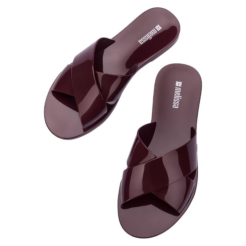 kit sandália feminina n° 34 melissa rasteira essential cross slide + bolsa ultra bag bordô (mp)