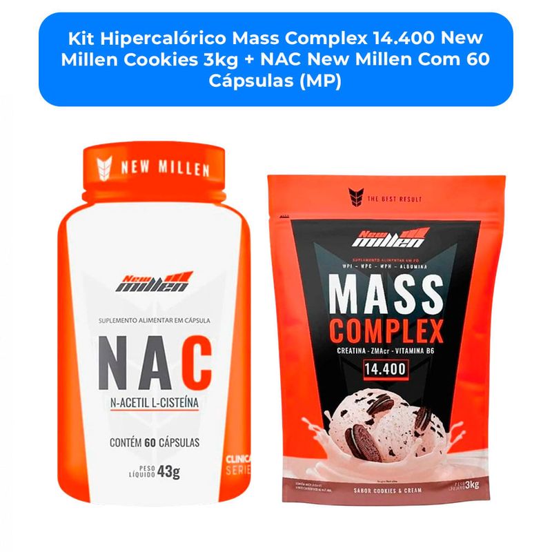 kit hipercalórico mass complex 14.400 new millen cookies 3kg + nac new millen com 60 cápsulas (mp)