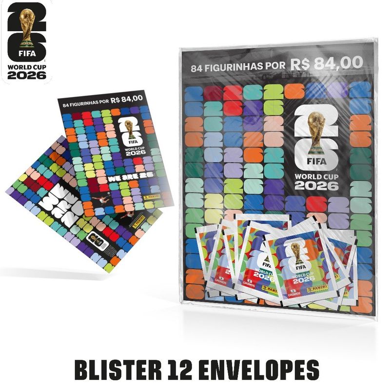 blister com 12 envelopes de figurinhas copa do mundo 2026 panini 84 cromos