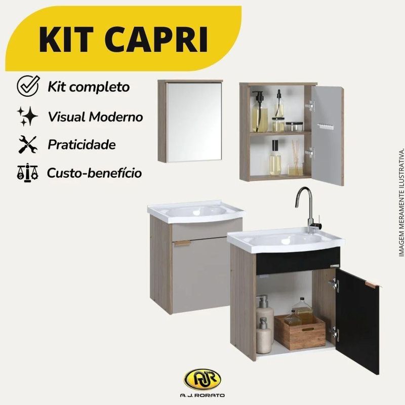 kit gabinete para banheiro a j rorato suspenso capri preto 38,9cm (mp)