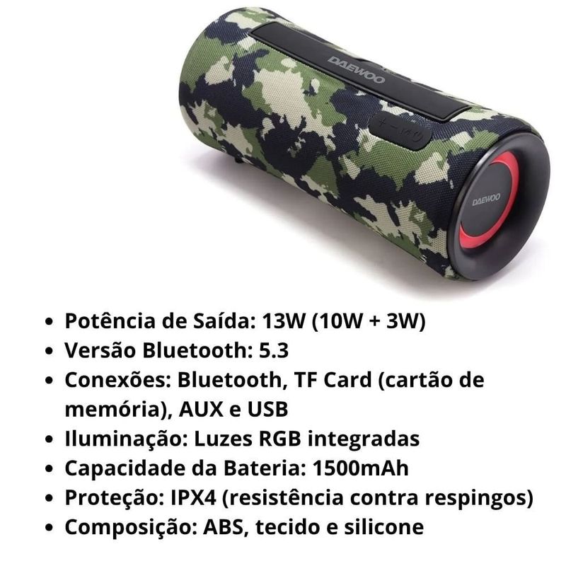 caixa de som bright daewoo soundbox bluetooth camuflada dw1367ca (mp)