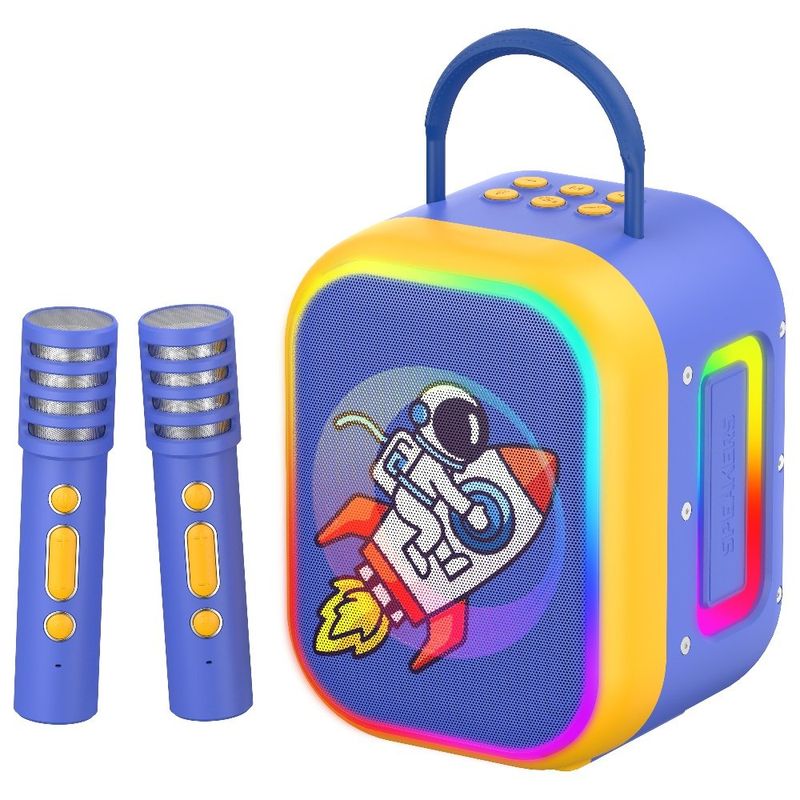 caixa de som bluetooth com função karaokê azul e amarelo xk-kids1