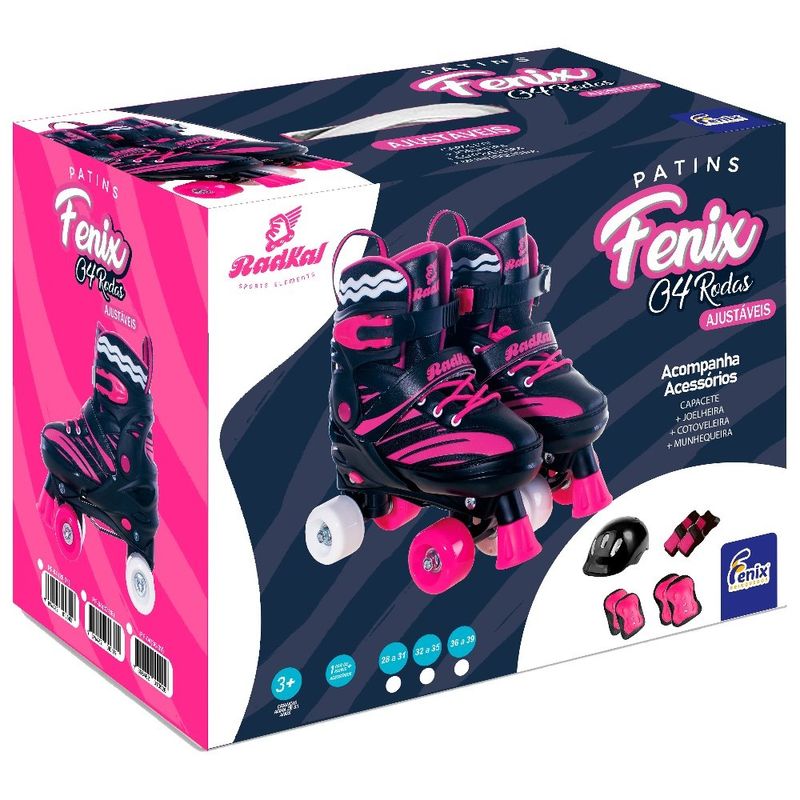 kit patins fênix 4 rodas preto/rosa pf-04 g 36 - 39