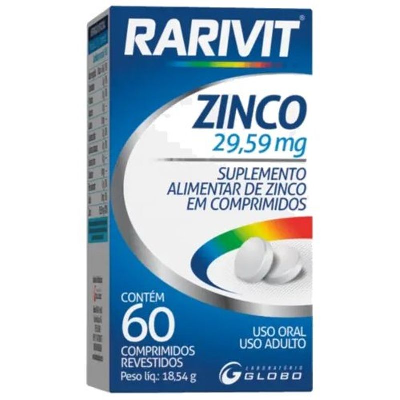 suplemento alimentar rarivit zinco 29,59mg 60 comprimidos revestidos globo