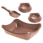 kit higiene para gato stark pet wave sandbox bandeja com pá e 2 comedouros bege (mp)