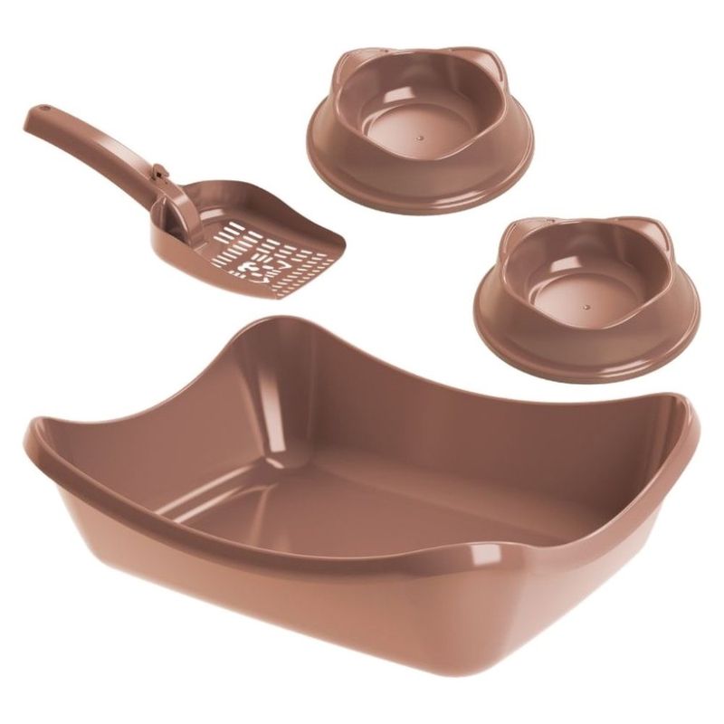 kit higiene para gato stark pet wave sandbox bandeja com pá e 2 comedouros bege (mp)