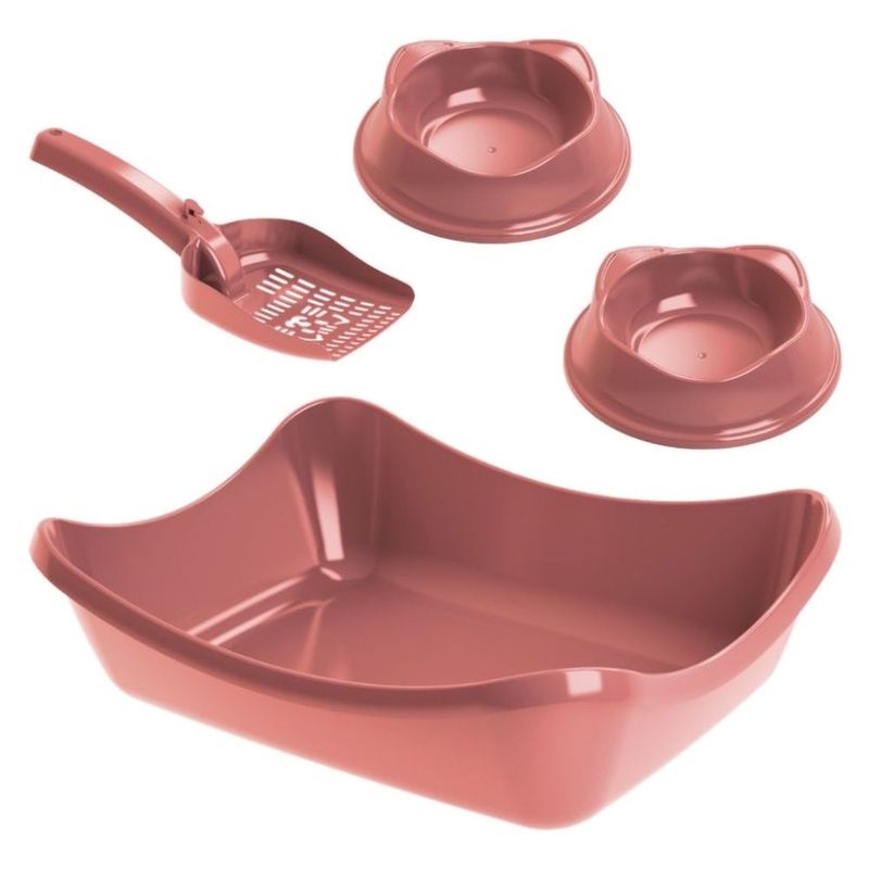 kit higiene para gato stark pet wave sandbox bandeja com pá e 2 comedouros rosê (mp)