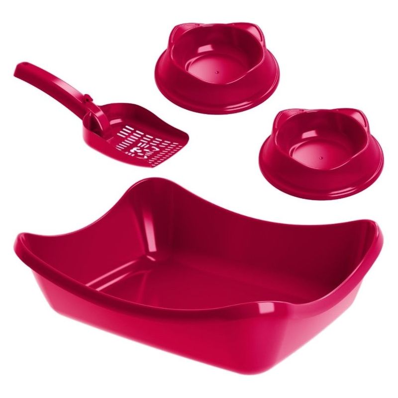 kit higiene para gato stark pet wave sandbox bandeja com pá e 2 comedouros magenta (mp)