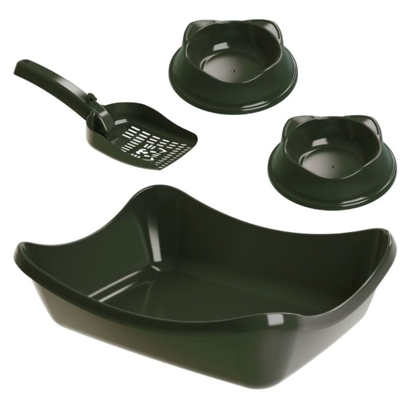kit higiene para gato stark pet wave sandbox bandeja com pá e 2 comedouros verde musgo (mp)