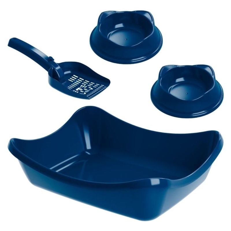 kit higiene para gato stark pet wave sandbox bandeja com pá e 2 comedouros azul colbato (mp)