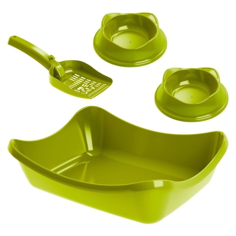 kit higiene para gato stark pet wave sandbox bandeja com pá e 2 comedouros verde neon (mp)