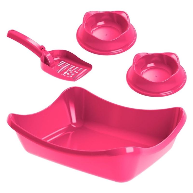 kit higiene para gato stark pet wave sandbox bandeja com pá e 2 comedouros pink neon (mp)